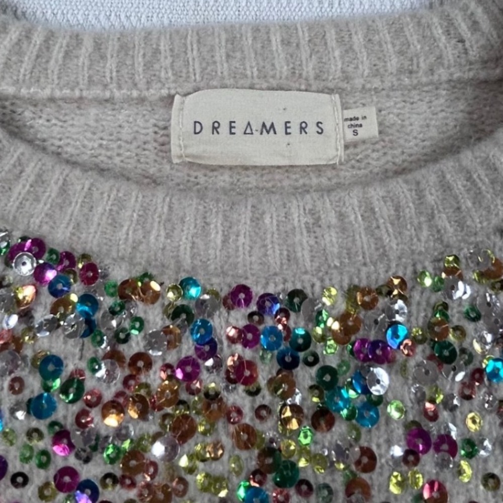 Dreamers Womens Sequin Embellished Crew Neck Sweater Oatmeal Small Fairycore‎ - Picture 3 of 6